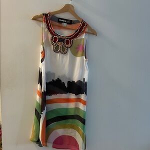 Desigual Sleeveless Mini Dress with Abstract Colorful Print and Beaded Neckline